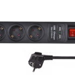 Surge protector 2Е with 3 sockets and a switch, 2хUSB, 3G1.5, 1.8m, black