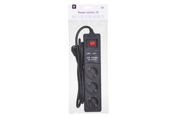Surge protector 2Е with 3 sockets and a switch, 2хUSB, 3G1.5, 1.8m, black
