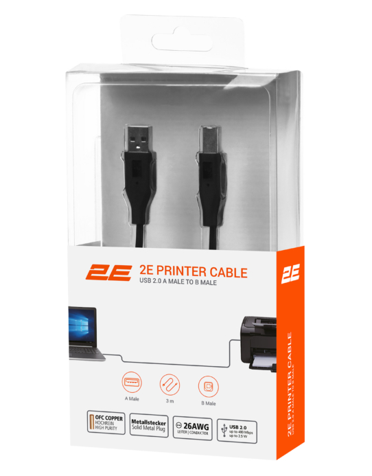 Cable 2E USB 2.0 (AM/BM) DSTP, 3m, Black