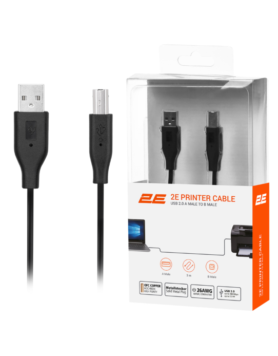 Кабель 2E USB 2.0 (AM/BM) DSTP, 3м, Black