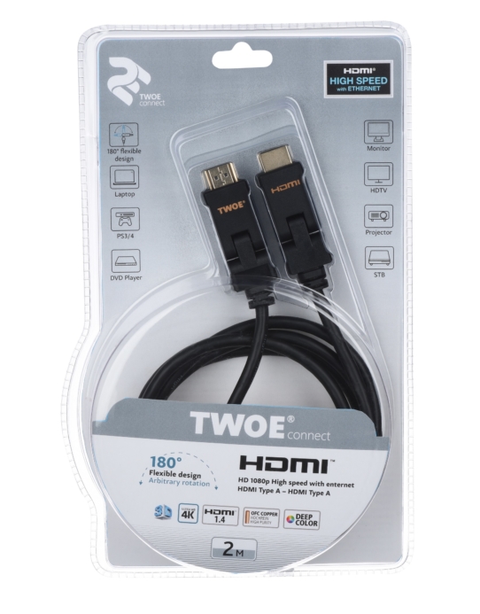 Кабель 2Е Ultra Slim HDMI 1.4 (AM/AM) 180 degree, High Speed, Alumium Black 2m