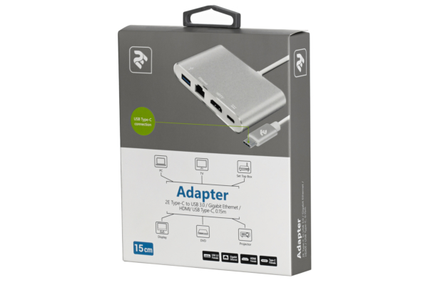 Адаптер 2E Type C to USB 3.0 Female+Gigabit+HDMI Female+USB Type C Female, 0.15m