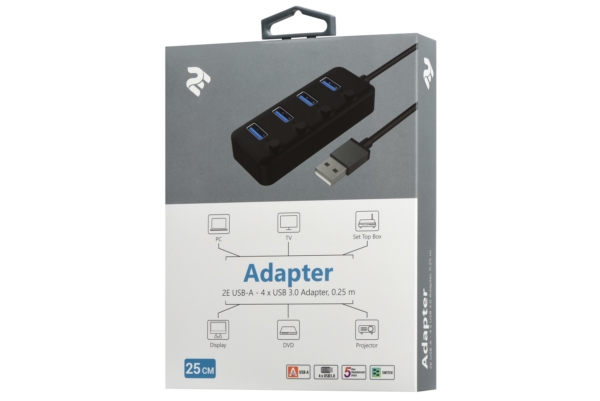 Адаптер 2Е USB-A to 4xUSB3.0, Hub with switch, 0.25 м