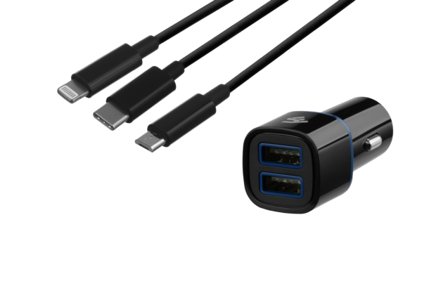 Автомобільний ЗП 2хUSB+кабель 3в1 Lightning/MicroUSB/USB Type-C, Black