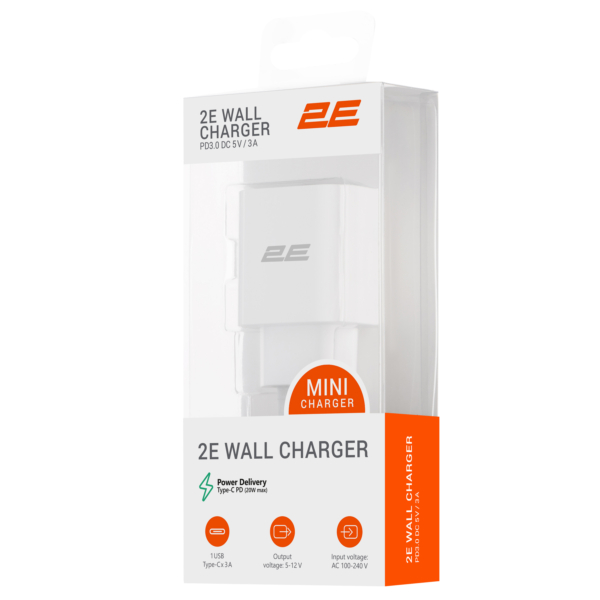 Мережевий ЗП 2Е Wall Charger USB-C PD3.0 3A, Max 20W, White