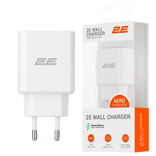 Сетевое ЗУ 2Е Wall Charger USB-C PD3.0 3A, Max 20W, White
