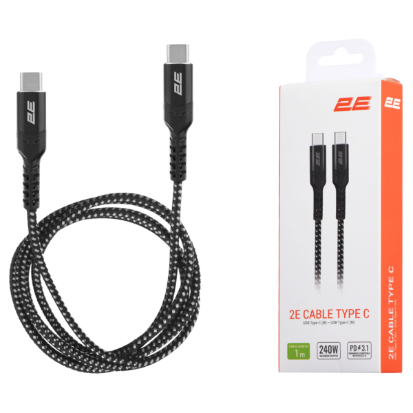 Кабель 2E USB-C — USB-C, PD 3.1 240W Aluminum Shell, 1m, black