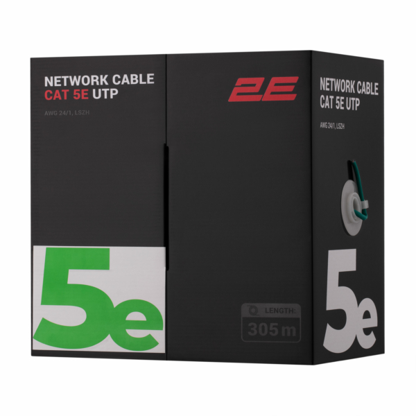 Сетевой кабель 2E CAT 5e, U-UTP, 305м, AWG 24/1, LSZH, зеленый