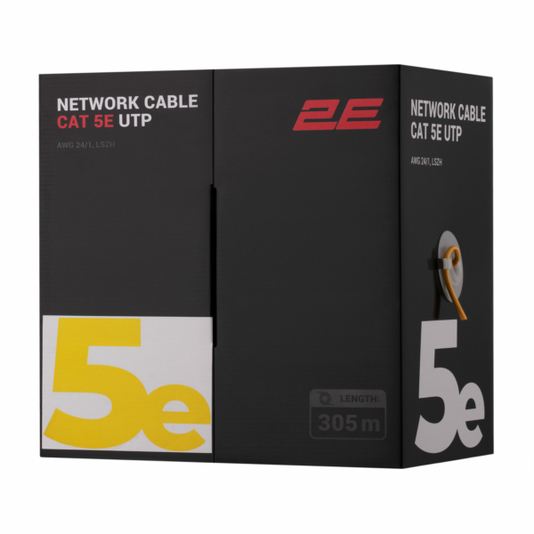Мережевий кабель 2E CAT 5e, U-UTP, 305м, AWG 24/1, LSZH, жовтий