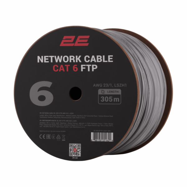 Network Cable 2E CAT 6, FTP, 305м, AWG 23/1, LSZH-1, grey