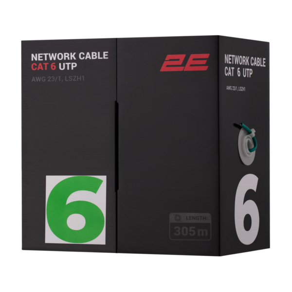 Сетевой кабель 2E CAT 6, U-UTP, 305м, AWG 23/1, LSZH-1, зеленый
