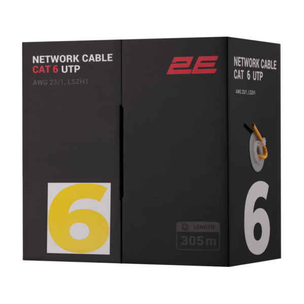 Network Cable 2E CAT 6, U-UTP, 305м, AWG 23/1, LSZH-1, yellow