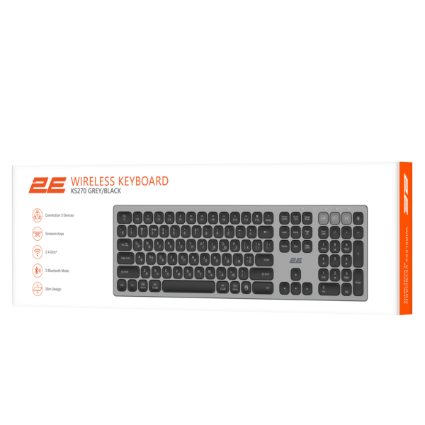 Клавіатура ножнична 2E KS270 105key, WL/BT, EN/UK/RU, сіро-чорний