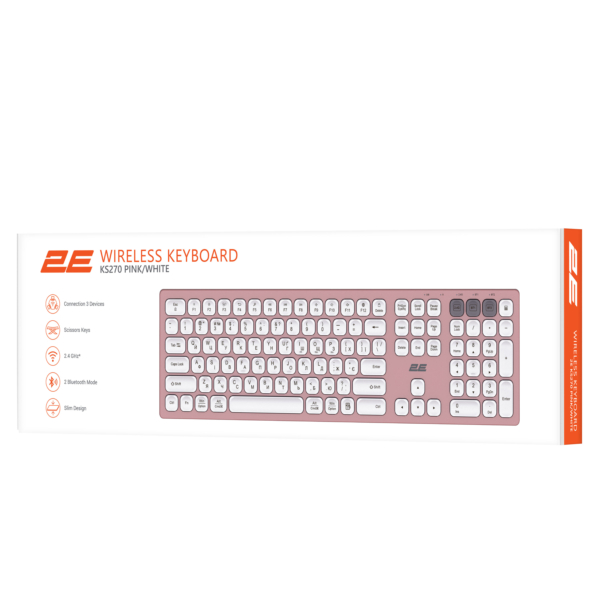 2E Scissor Keyboard KS270 105key, WL/BT, EN/UK, pink-white
