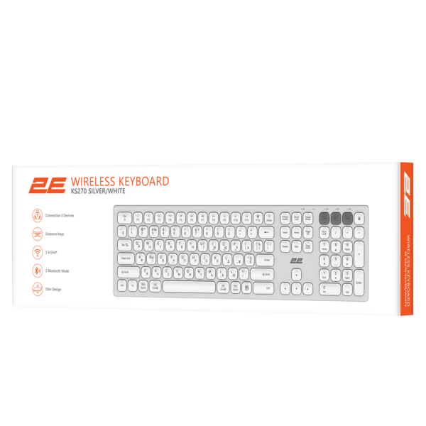 Клавіатура ножнична 2E KS270 105key, WL/BT, EN/UK/RU, сріблясто-білий