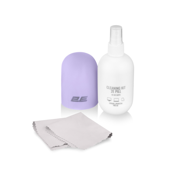 Чистящий набор 2E PILL для оргтехники (жидкость 140мл + салфетка 20см), бело-фиолетовый