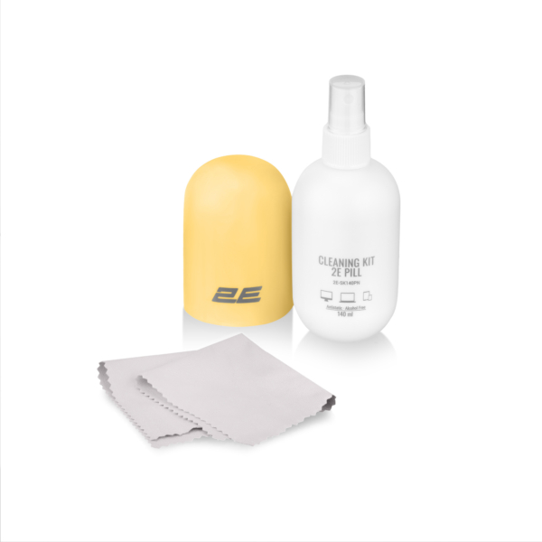 Cleaning kit 2E PILL for office equipment (liquid 140ml, whipe 20cm), white-yellow