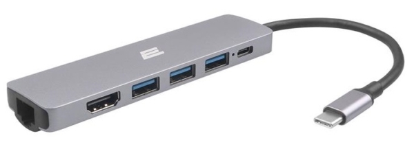 2E Хаб USB-С > 2хUSB-A 2.0/USB-A 3.0/USB-C PD/HDMI/Ethernet, 0.15м, серый