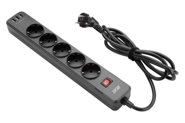 2E Surge protector with switch, G*1.5мм, 3*USB-A, 2m, black