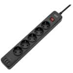 2E Surge protector with switch, G*1.5мм, 3*USB-A, 2m, black