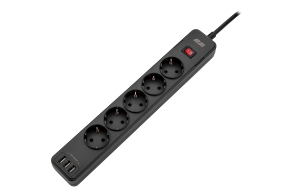 2E Surge protector with switch, G*1.5мм, 3*USB-A, 2m, black