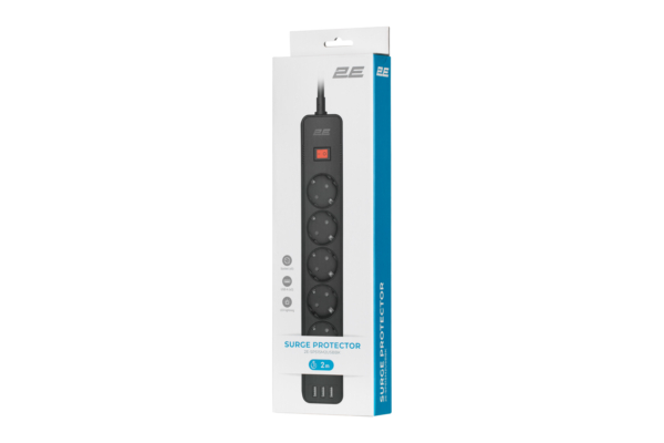 2E Surge protector with switch, G*1.5мм, 3*USB-A, 2m, black