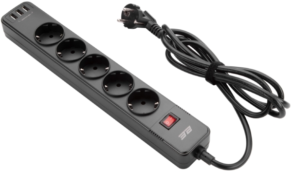 2E Surge protector with switch, G*1.5мм, 3*USB-A, 2m, black