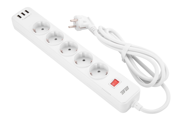 2E Surge protector with switch, G*1.5мм, 3*USB-A, 2m, white