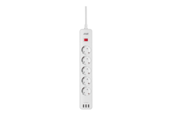 2E Surge protector with switch, G*1.5мм, 3*USB-A, 2m, white