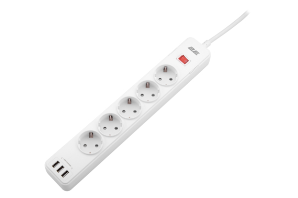 2E Surge protector with switch, G*1.5мм, 3*USB-A, 2m, white