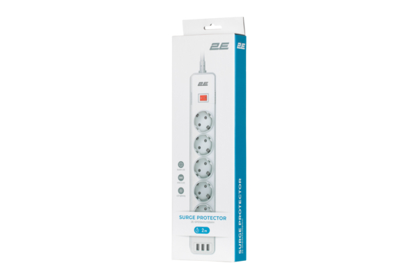 2E Surge protector with switch, G*1.5мм, 3*USB-A, 2m, white