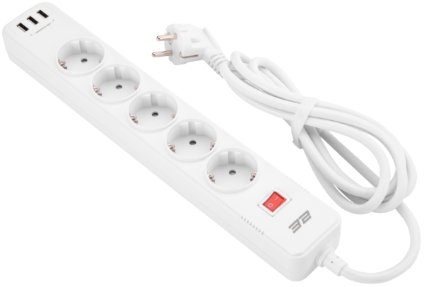 2E Surge protector with switch, G*1.5мм, 3*USB-A, 2m, white