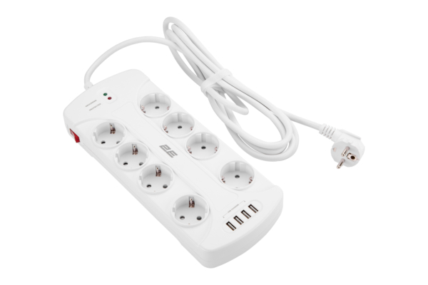 2E Surge protector with switch, G*1.5мм, 4*USB-A, 3m, white