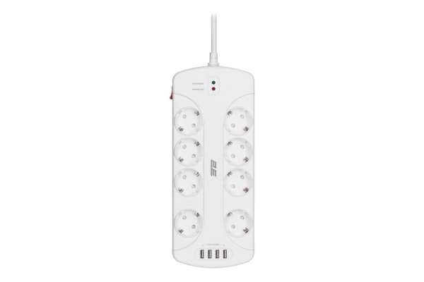 2E Surge protector with switch, G*1.5мм, 4*USB-A, 3m, white