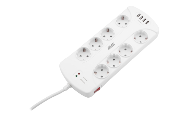 2E Surge protector with switch, G*1.5мм, 4*USB-A, 3m, white