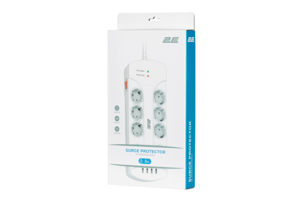 2E Surge protector with switch, G*1.5мм, 4*USB-A, 3m, white