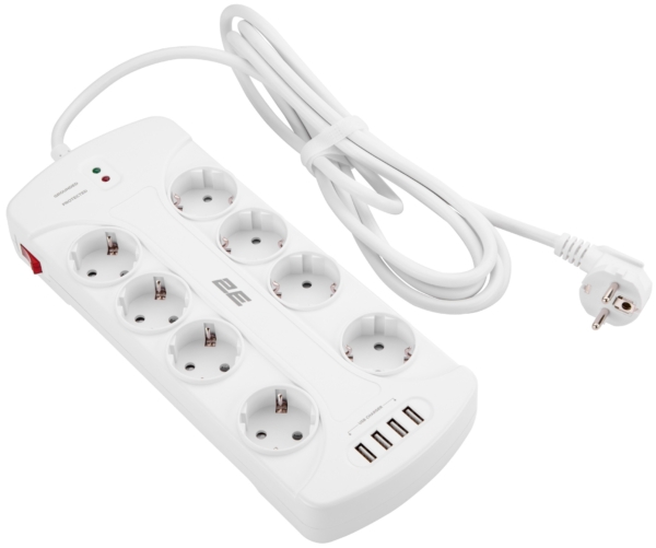 2E Surge protector with switch, G*1.5мм, 4*USB-A, 3m, white