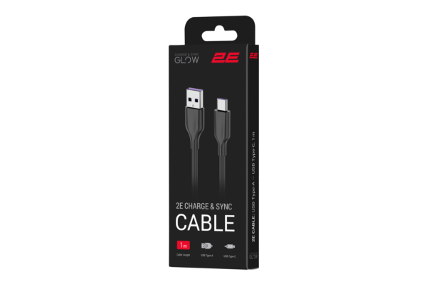 2E Кабель USB-A > USB-C зарядки/синхронизации, 1м, Type-C, Glow, черный