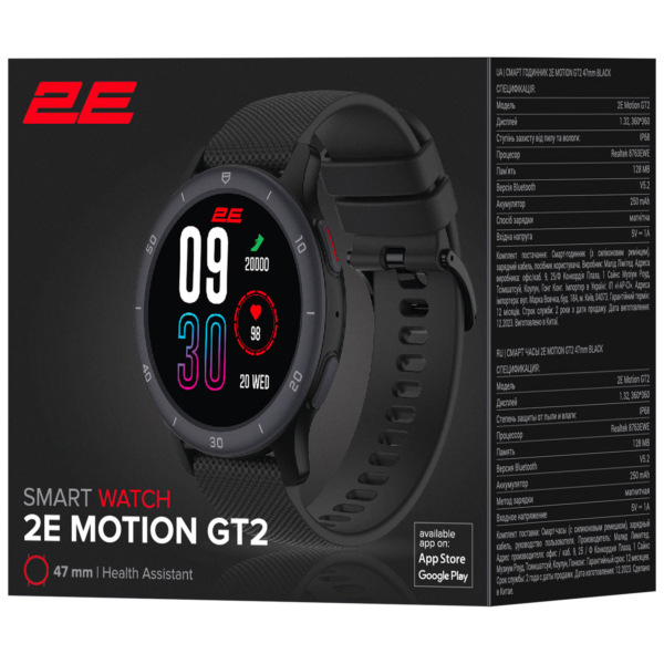 2E Смарт-годинник Motion GT2 47мм, 1.32″, 360×360, BT 5.2, Чорний