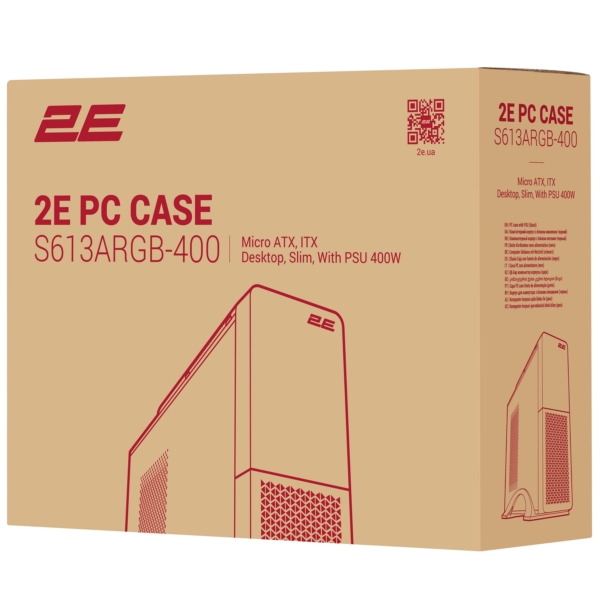 2E PC case S613ARGB-400, with PSU 2E 400W-SFX, 1xUSB3.0, 1хUSB Type-C, 1x80mm, Micro ATX/ Desktop, black