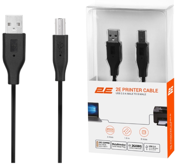 2E Кабель 2E USB-A (AM/BM) DSTP, 1.8m, black