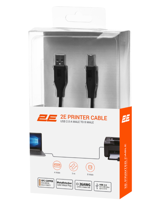 2E Cable USB 2.0 (AM/BM) DSTP 3m Black