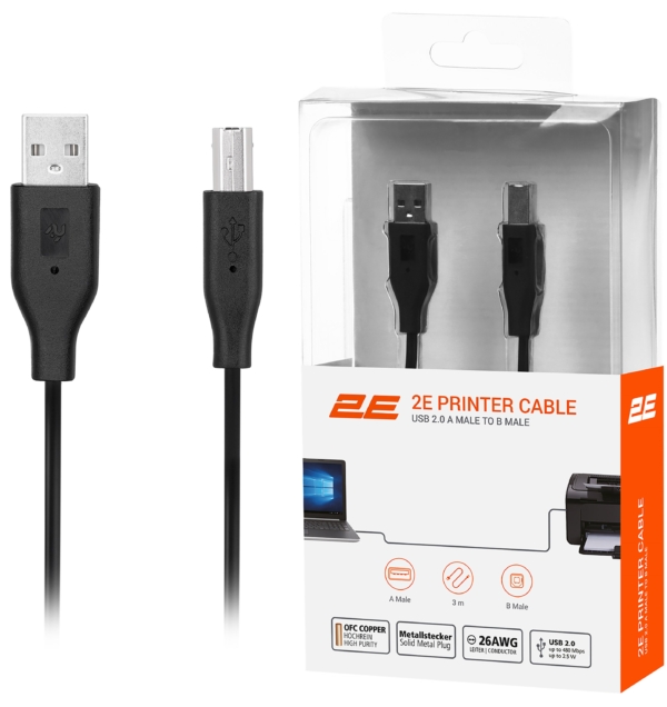 2E Кабель USB-A (AM/BM) DSTP 3м, черный