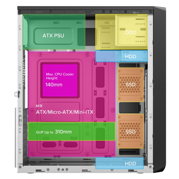 2E Корпус TeamX TMX01 с БП 2E ATX400W, 2xUSB2.0, 1×80мм, VGA 310мм, ATX, чёрный