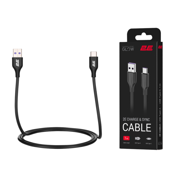 2E Сable USB-A > USB-C charge/data, 1m, Type-C, Glow, black