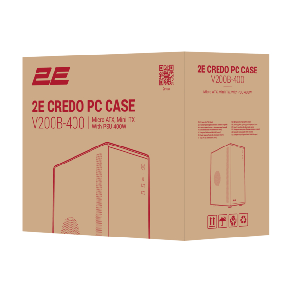 2E PC case Credo V200B-400, with PSU 2E ATX400, 2xUSB3.0, 1x80mm, VGA 250mm, mATX, Black