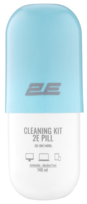 2E Cleaning kit PILL for office equipment (liquid 140ml, whipe 20cm), white-blue