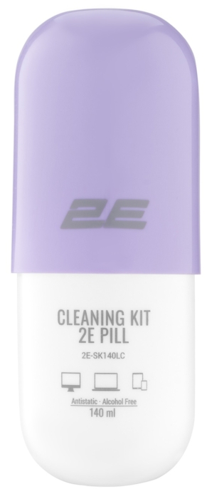 2E Cleaning kit PILL for office equipment (liquid 140ml, whipe 20cm), white-lilac