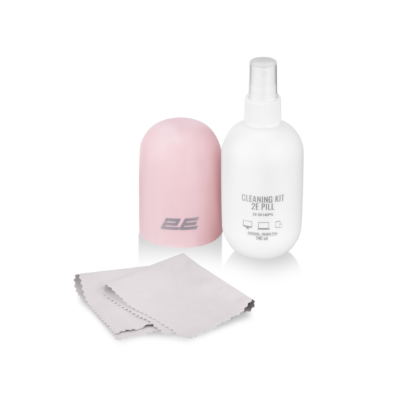 2E Cleaning kit PILL for office equipment (liquid 140ml, whipe 20cm), white-pink