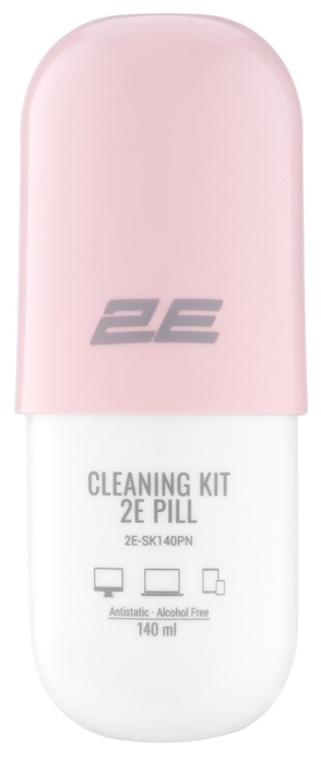 2E Cleaning kit PILL for office equipment (liquid 140ml, whipe 20cm), white-pink